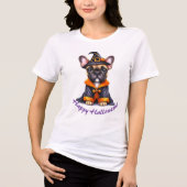 Frenchie Halloween Paarse Jas Heksenhoed Tri-Blend Shirt (Voorkant)
