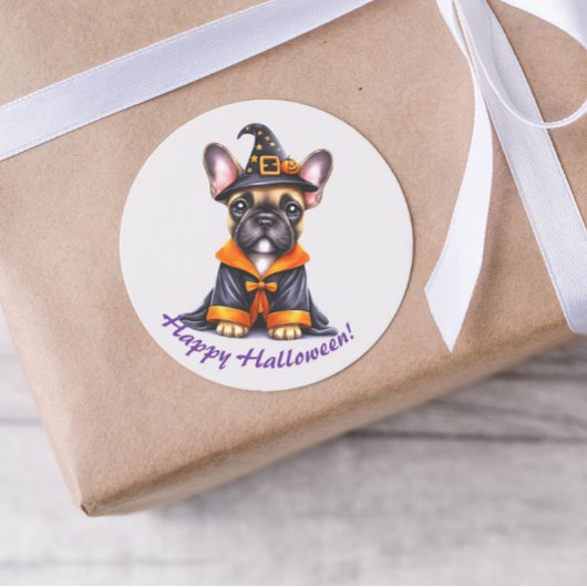 Frenchie Halloween Purple Robe Witchy Hat Ronde Sticker