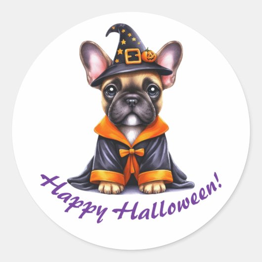 Frenchie Halloween Purple Robe Witchy Hat Ronde Sticker (Voorkant)