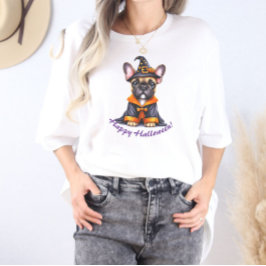 Frenchie Halloween Purple Robe Witchy Hat Tri-Blend Shirt