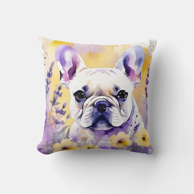 Frenchie hondenportret met wilde bloemen kussen (Voorkant)