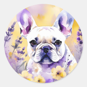 Frenchie hondenportret met wilde bloemen ronde sticker