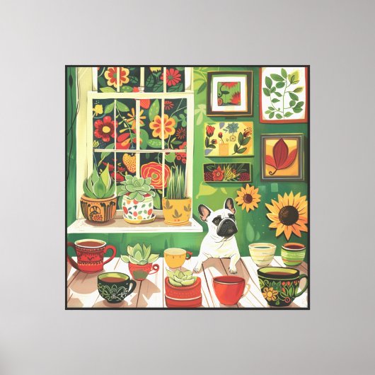 Frenchie in Boho Garden Theetuin Canvas Afdruk (Voorkant)