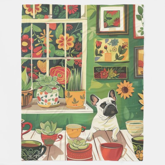 Frenchie in Boho Garden Theetuin Fleece Deken (Voorkant)