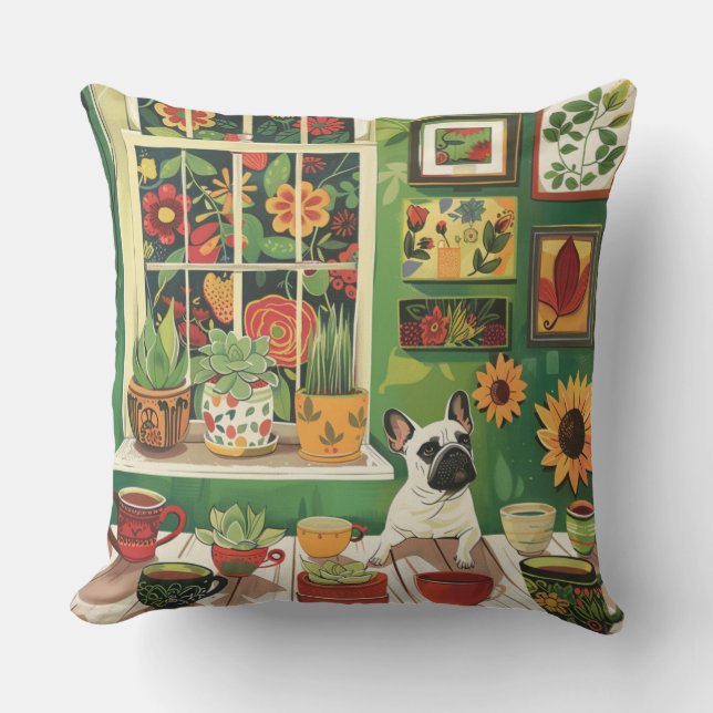 Frenchie in Boho Garden Theetuin Kussen (Voorkant)