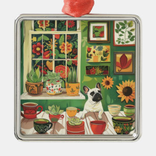 Frenchie in Boho Garden Theetuin Metalen Ornament