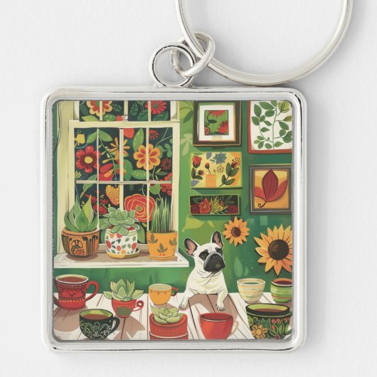Frenchie in Boho Garden Theetuin Sleutelhanger (Voorkant)