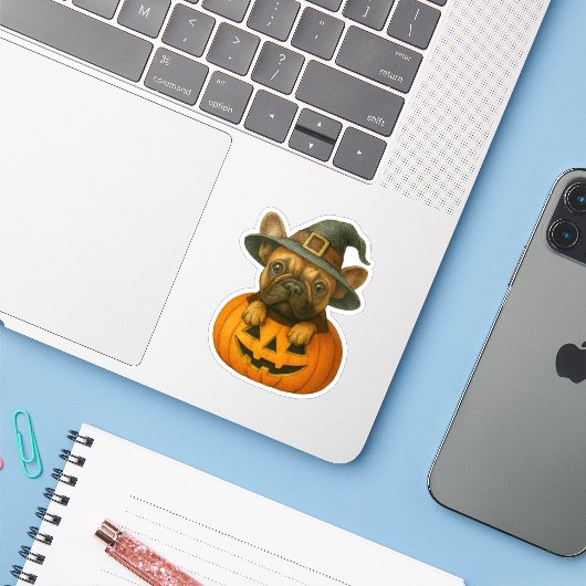 Frenchie in Pumpkin Sticker (Laptop met iPhone)