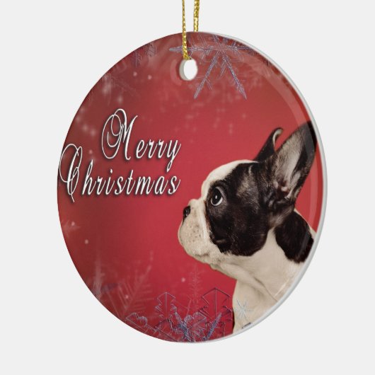 Frenchie-kerstkaart Keramisch Ornament (Links)