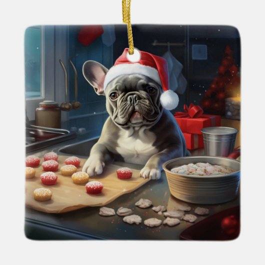 Frenchie Kerstkoekjes Feestelijke vakantie Keramisch Ornament (Voorkant)