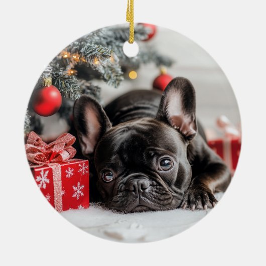 Frenchie Kerstmis Keramisch Ornament (Achterkant)