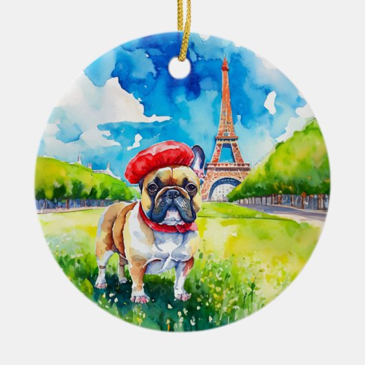 Frenchie Kust Waterverf Eiffeltoren Parijs Keramisch Ornament (Voorkant)