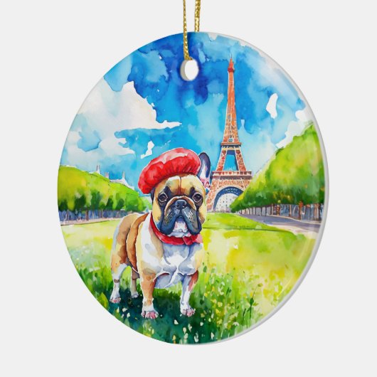 Frenchie Kust Waterverf Eiffeltoren Parijs Keramisch Ornament (Links)