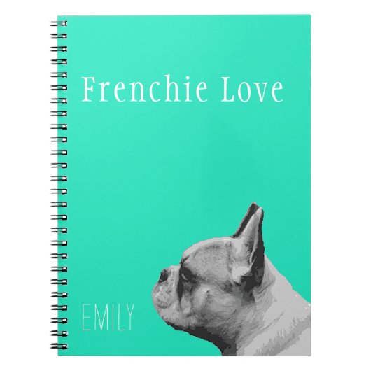 Frenchie Love | Gepersonaliseerde Aqua Notitieboek (Voorkant)