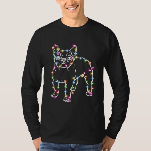 Frenchie met Kerstverlichting Vrolijk Kerstfeest T-shirt (Voorkant)