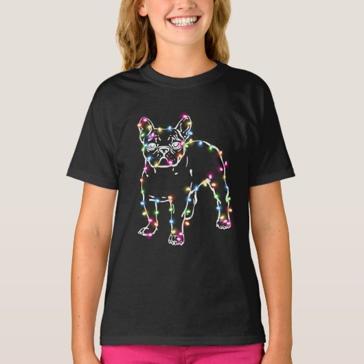 Frenchie met Kerstverlichting Vrolijk Kerstfeest T-shirt (Voorkant)