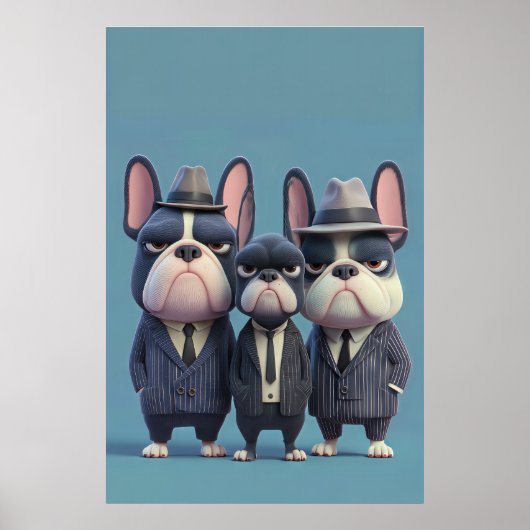 Frenchie Mobsters: Pinstripe Pups Kunst Poster (Voorkant)