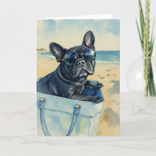 Frenchie op het strand Waterverf Kaart
