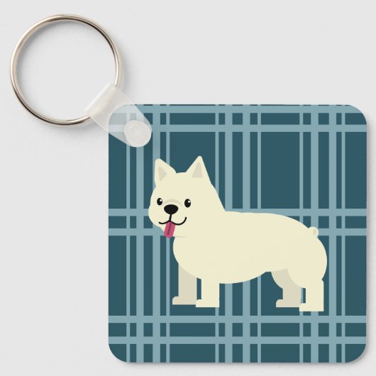 Frenchie Plaid Blue Sleutelhanger (Voorkant)