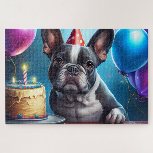 Frenchie Verjaardagsfeest: Een Cute Franse Bulldog Legpuzzel (Horizontaal)