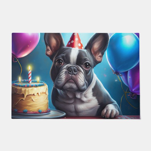 Frenchie Verjaardagsfeest: Een Schattige Franse Bu Deurmat (Voorkant)