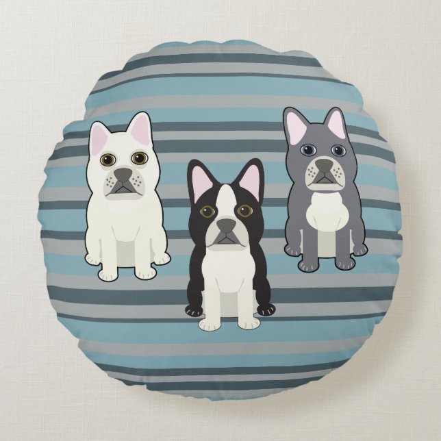Frenchies Blue Striped Rond Kussen (Voorkant)