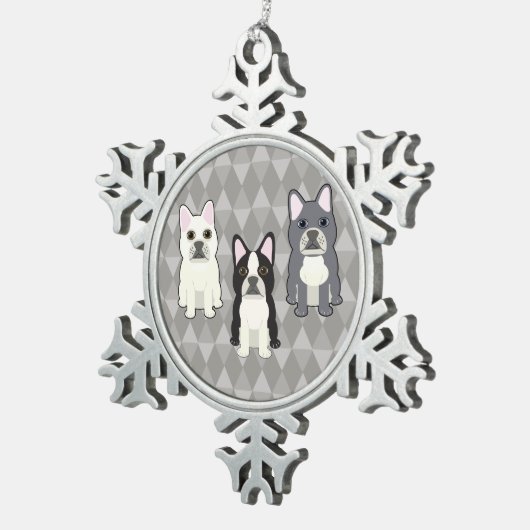 Frenchies Gray Diamonds Tin Sneeuwvlok Ornament (Rechts)