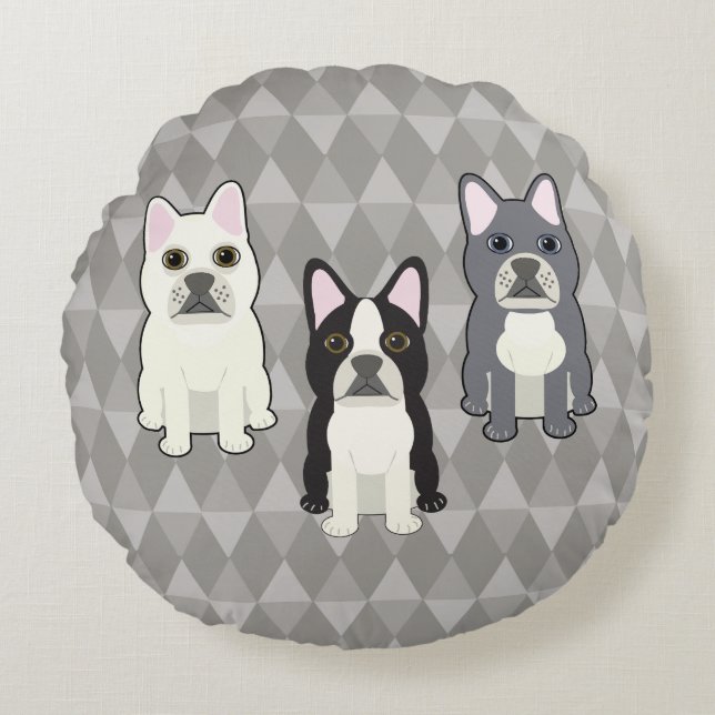 Frenchies Grijze Diamanten Rond Kussen (Voorkant)