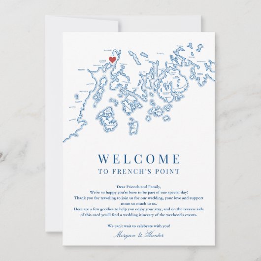 French's Point Maine Bruiloft Welkomstroute Bedankkaart (Voorkant)
