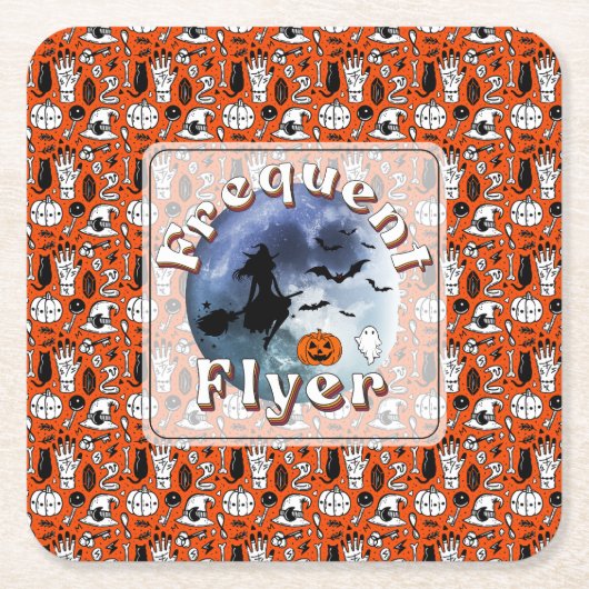 Frequent Flyer Halloween Heks Riding Broomstick Kartonnen Onderzetters (Voorkant)