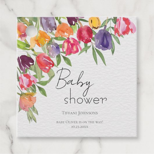 Fresh Blooms Tulpen en groen Baby shower Bedankjes Labels (Voorkant)