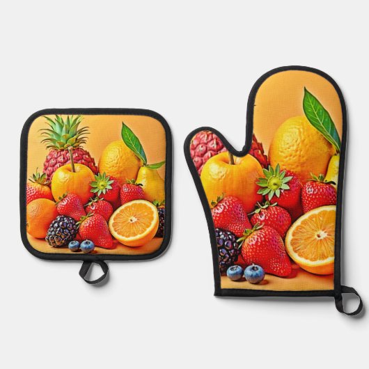 Fresh Bounty: Vibrant Fruit Harvest Design  Ovenwant & Pannenlap Set (Voorkant)