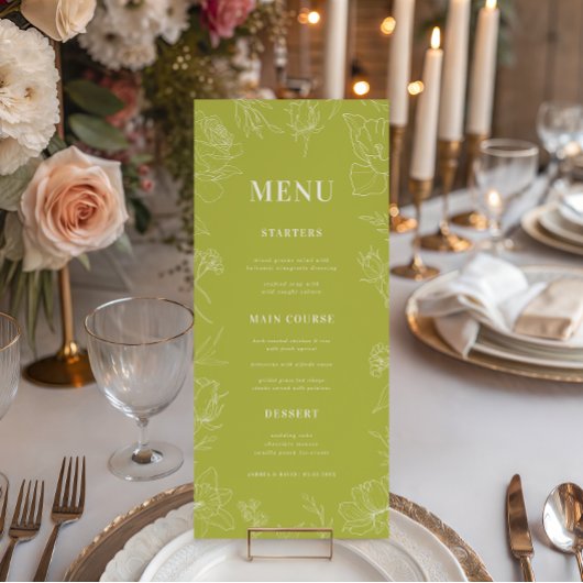 Fresh Bright Lime Green Drawn Floral Bloom Wedding Menu