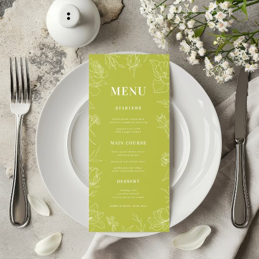 Fresh Bright Lime Green Drawn Floral Bloom Wedding Menu