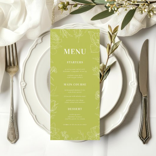 Fresh Bright Lime Green Drawn Floral Bloom Wedding Menu