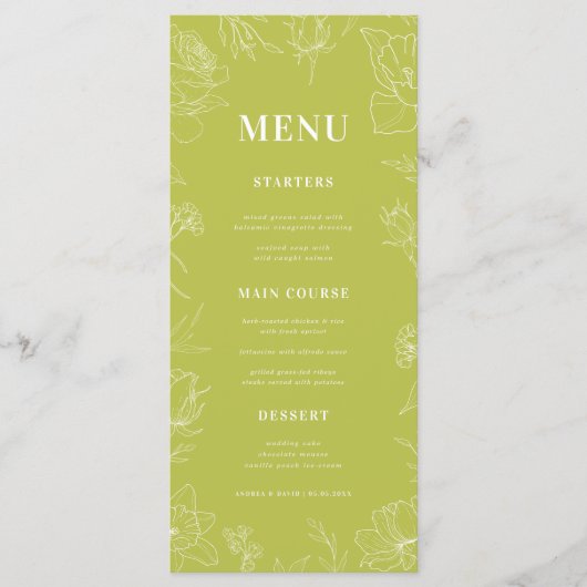 Fresh Bright Lime Green Drawn Floral Bloom Wedding Menu (Voorkant)