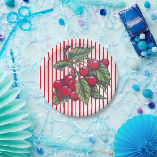 Fresh Cherry Red White Stripe Summer Dessert Papieren Bordje (Feest)