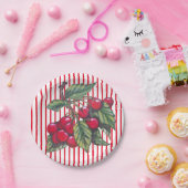Fresh Cherry Red White Stripe Summer Dessert Papieren Bordje (Feest)