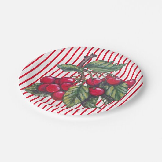 Fresh Cherry Red White Stripe Summer Dessert Papieren Bordje (Gekanteld)