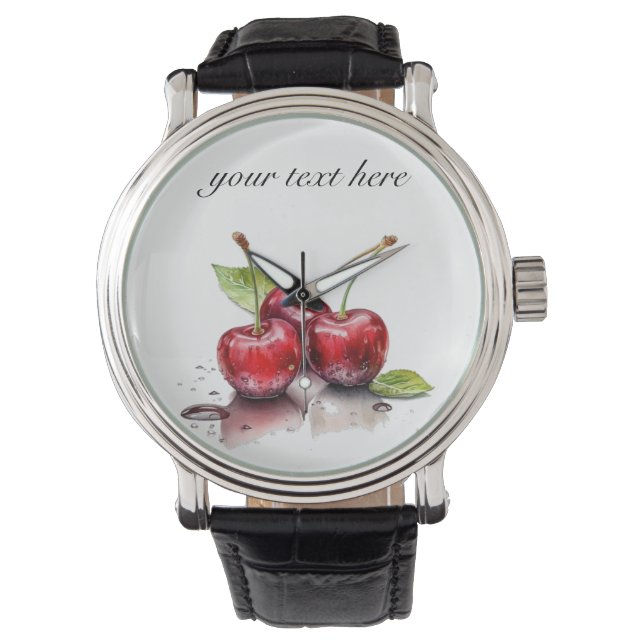 Fresh Cherry Trio in Waterverf, op maat Horloge (Voorkant)