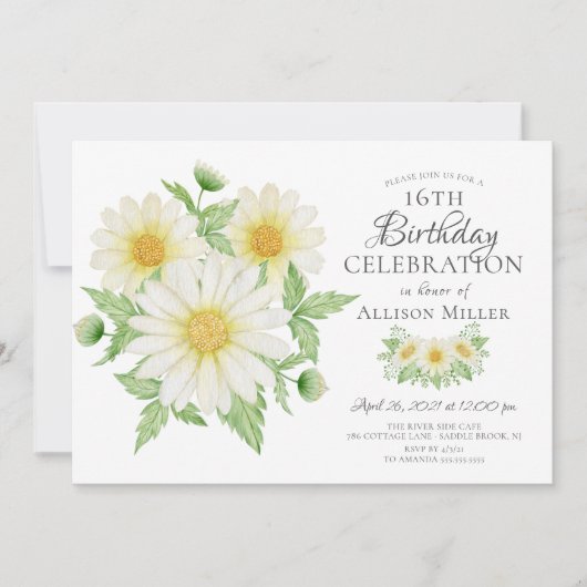 Fresh Daisy Floral 16th Birthday Invitation Kaart (Voorkant)