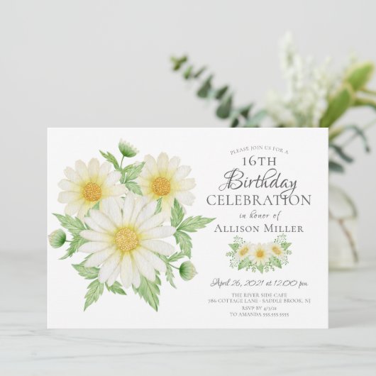 Fresh Daisy Floral 16th Birthday Invitation Kaart (Staand voorkant)