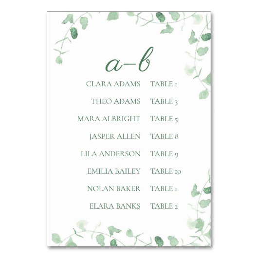 Fresh Eucalyptus Greenery Alphabet Seating Display Kaart (Voorkant)