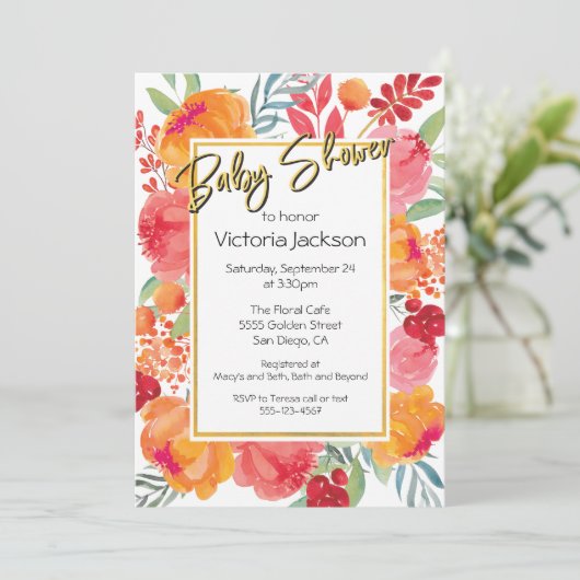 Fresh Flowers waterverf Uitnodigingen voor babysho (Staand voorkant)