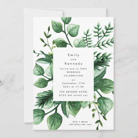 Fresh Greenery Leafy Modern Wedding Invitation Kaart (Voorkant)