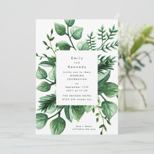 Fresh Greenery Leafy Modern Wedding Invitation Kaart (Staand voorkant)