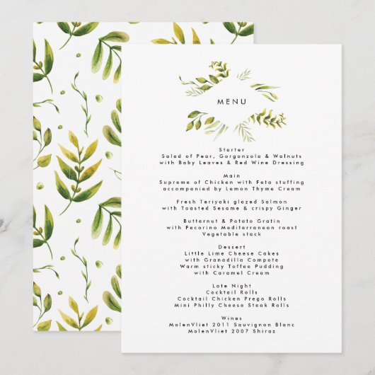 Fresh Greenery Leafy Planten Wedding Menu (Voorkant / Achterkant)