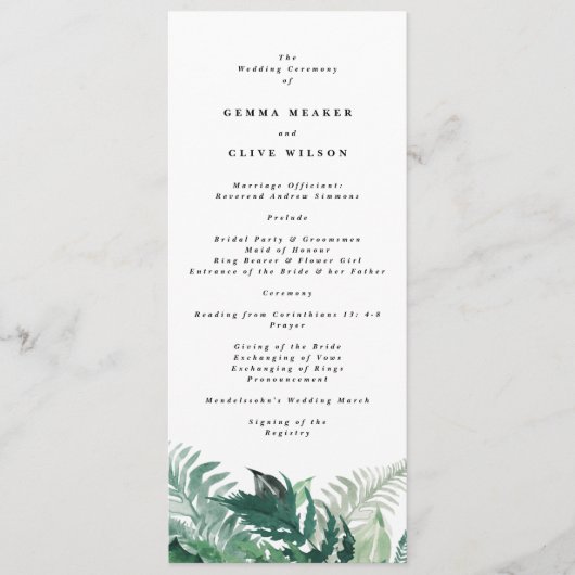 Fresh Greenery Modern Waterverf Wedding Programmakaart (Voorkant)
