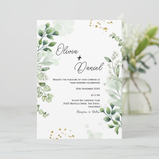 Fresh Greenery Script Huwelijksuitnodiging Kaart (Staand voorkant)