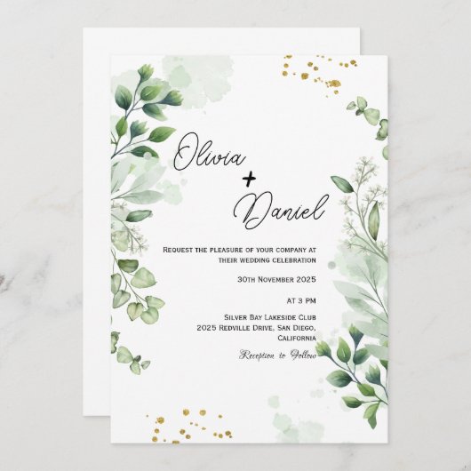 Fresh Greenery Script Huwelijksuitnodiging Kaart (Voorkant / Achterkant)